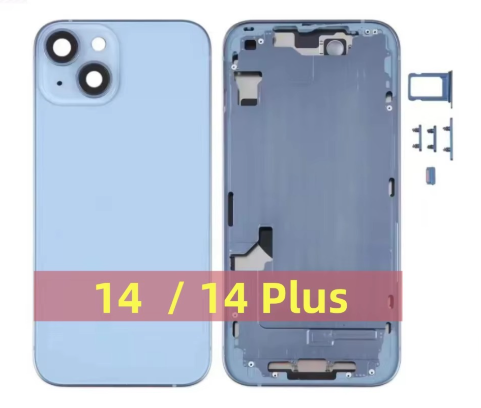 No Logo Back Glass With Middle Frame Housing For iPhone 14 Plus Blue