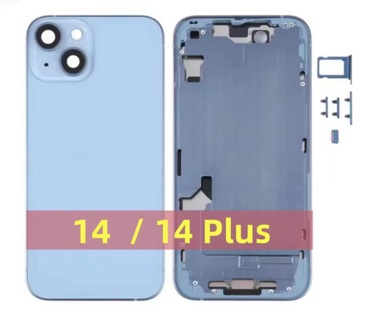 No Logo Back Glass With Middle Frame Housing For iPhone 14 Plus Blue