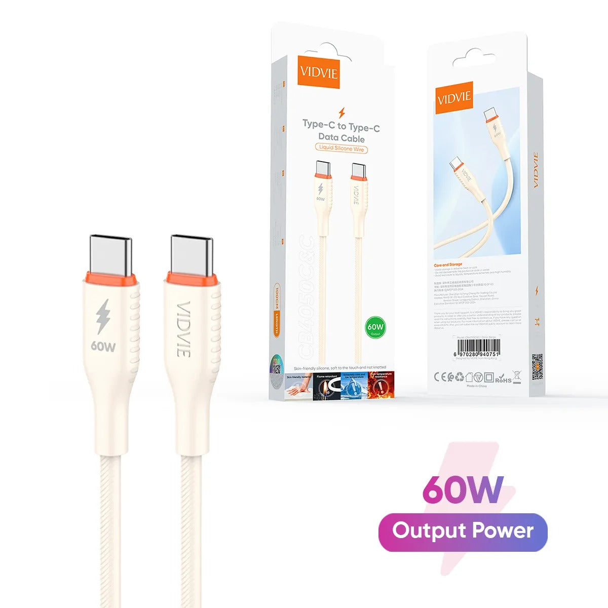 Vidvie CB4050 Type C to Type C 60W Data Cable 1M Liquid silicone