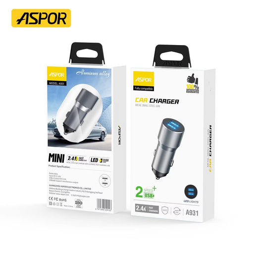 ASPOR IQ 2.4A 2 IN 1 COMBO With Type C Cable 2 USB Metal Car Charger A931