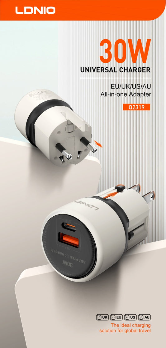 Ldnio GaN 30W All-in-one Travel Adapter With Type C To Type C