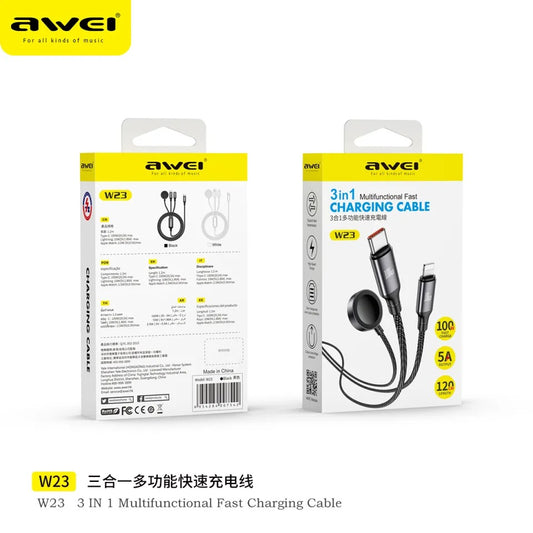Awei W23 3 in 1 100w Type-C 10w Lighting 2.5w Watch Wireless Fast Charging Cable