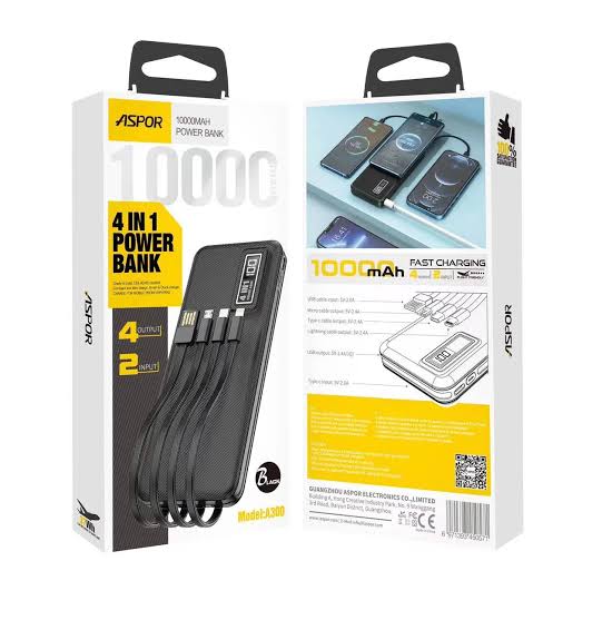 Aspor A300 Built in cable 10000mAh power bank 4 Cables