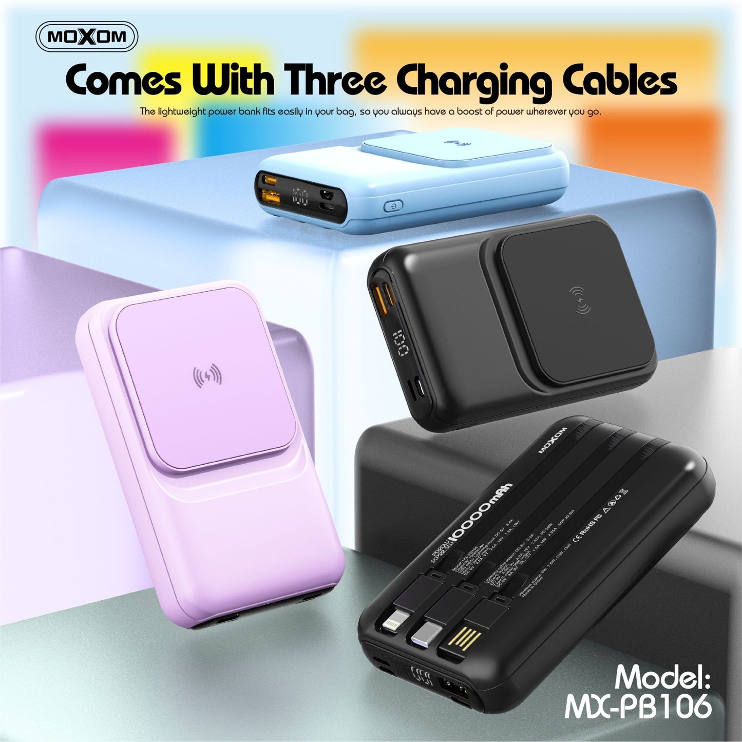 MOXOM MX-PB106 10000mAh Wireless 15W with 3 Cable Power Bank