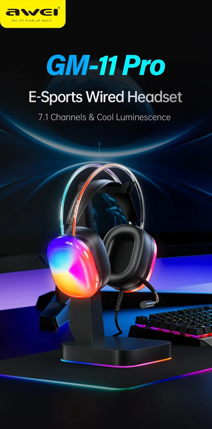 AWEI GM-11pro Colorful Light Gaming Headset E-Sports USB Wired Headphone Black