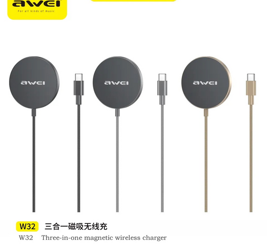 AWEI 1.2m W32 15w Wireless Charging 3-in-1 Fast Charger