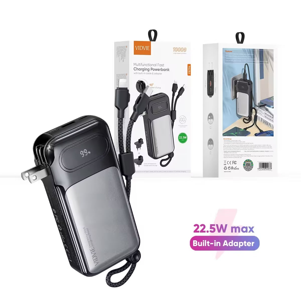 Vidvie PB796 Fast Charging power Bank 10000mAh with built-in cable