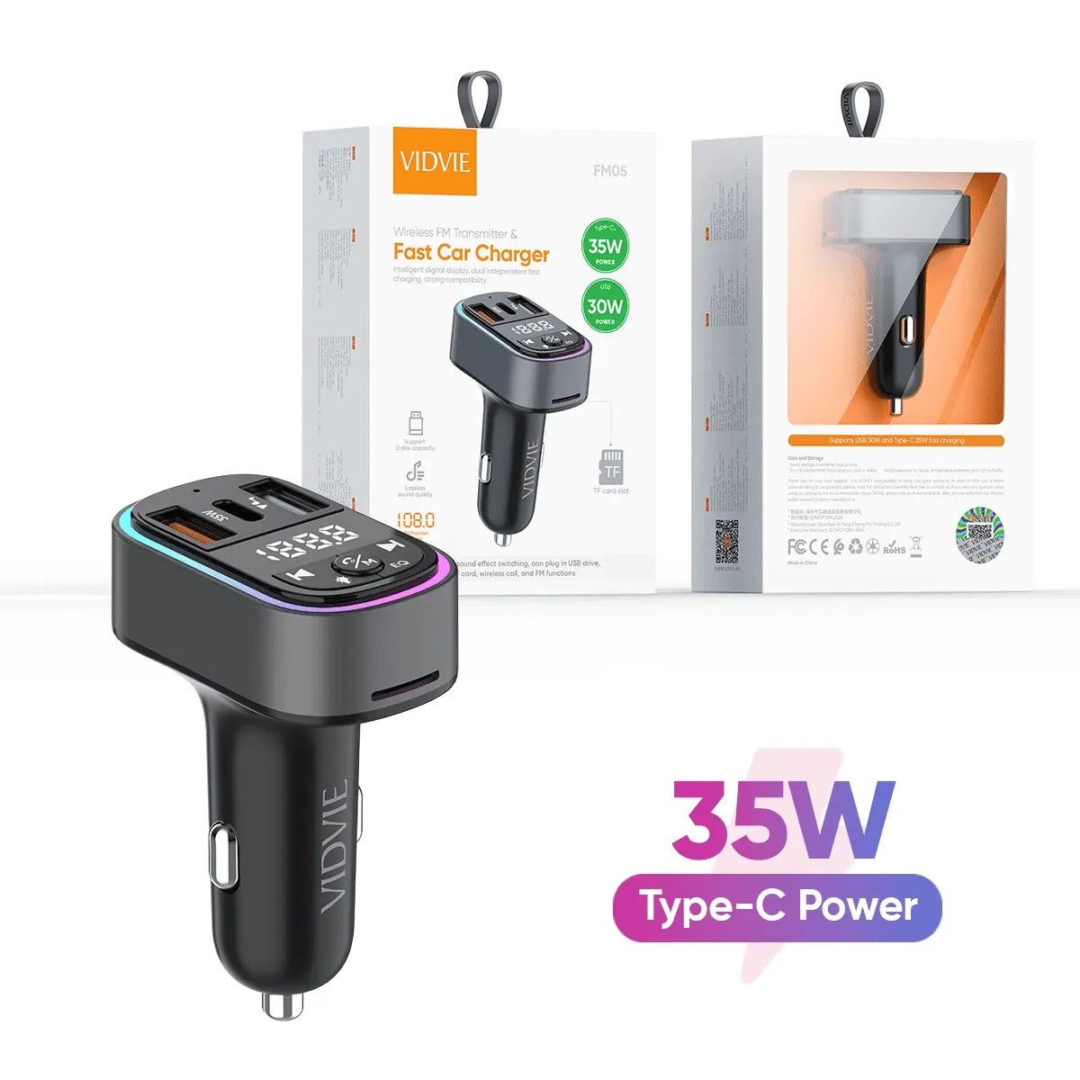 Vidvie FM05 Wireless FM Transmitter & Fast Car Charger